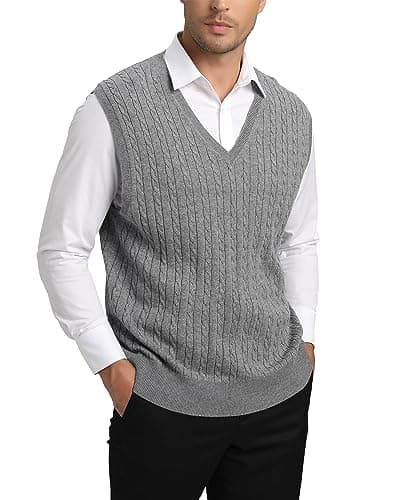 Kallspin Men's Wool Blended Cable Knit V-Neck Sweater Vest