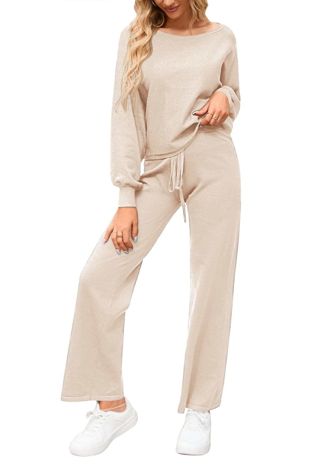 Meenew Women's Long Sleeve Knit Sweater & Wide Leg Pants Loungewear Set