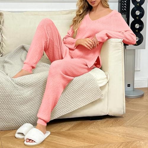 Tankaneo Women's Oversized V-Neck Sweater and Wide Leg Pants Loungewear Set