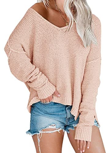LAICIGO Women's Oversized Off-Shoulder Knit Sweater V-Neck Loose Pullover Tops