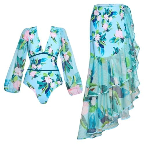 Cethrio Plus Size Vintage Printed Bodystyle Swimwear with Sarong Wrap Skirt