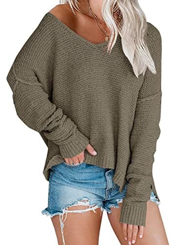 LAICIGO Women's Oversized Off-Shoulder Knit Sweater V-Neck Loose Pullover Tops