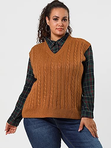 Agnes Orinda Women's Plus Size V-Neck Cable Knit Sweater Vest