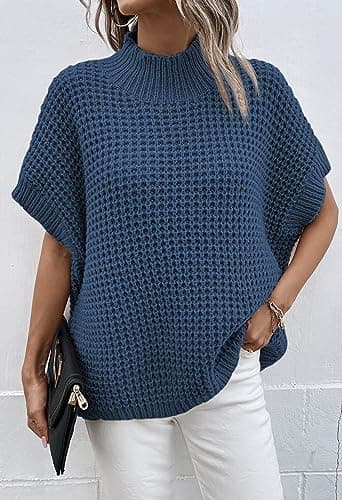 Viottiset Women's Mock Neck Batwing Sleeve Vest Sweater - Dark Blue S