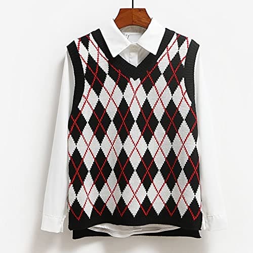 Women's Preppy Argyle Plaid Sleeveless Sweater Vest Casual Tank Top