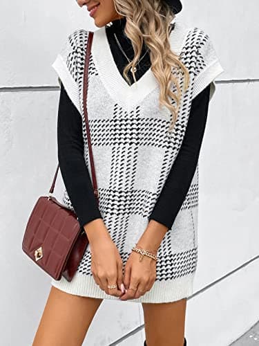GORGLITTER Women's Oversized Plaid V-Neck Knit Dress Fall Fashion