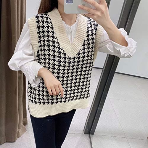 Oversized Houndstooth Knitted Vest Sweater for Vintage V-Neck Loose Sleeveless Sweater