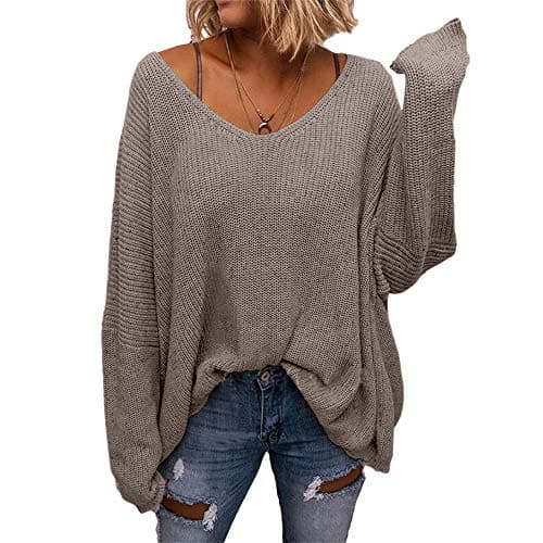 BZB Women's V-Neck Loose Oversized Long Sleeve Knit Sweater Top