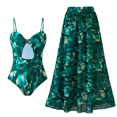 Cethrio Plus Size Vintage Printed Bodystyle Swimwear with Sarong Wrap Skirt