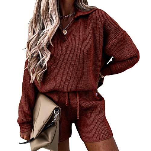 PRETTYGARDEN Women's 2-Piece Knit Pullover Sweater and Shorts Tracksuit Set
