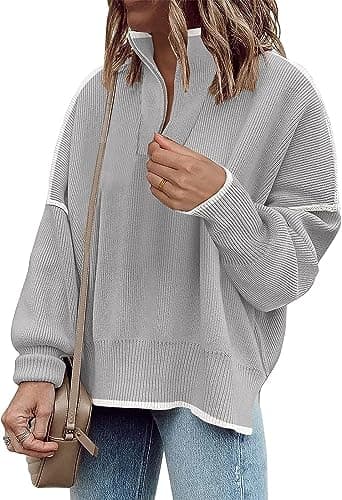 SAUKOLE Women's Oversized Zip-Up Striped Sweatshirt with Batwing Sleeves