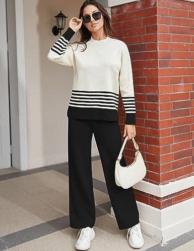 Tanming Women's 2 Piece Knitted Lounge Outfit Sweater Tops Wide Leg Pants Tracksuit