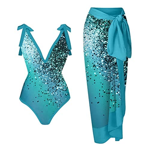 ZDRZK Sexy Sparkly One Piece Swimsuit with Cute Printed Coverup