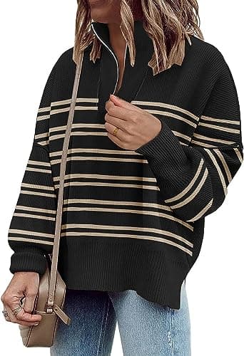 SAUKOLE Women's Oversized Zip-Up Striped Sweatshirt with Batwing Sleeves