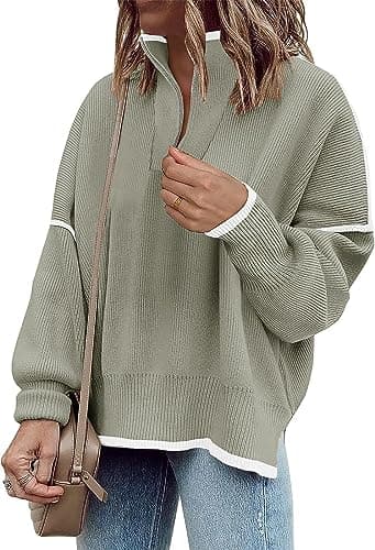 SAUKOLE Women's Oversized Zip-Up Striped Sweatshirt with Batwing Sleeves