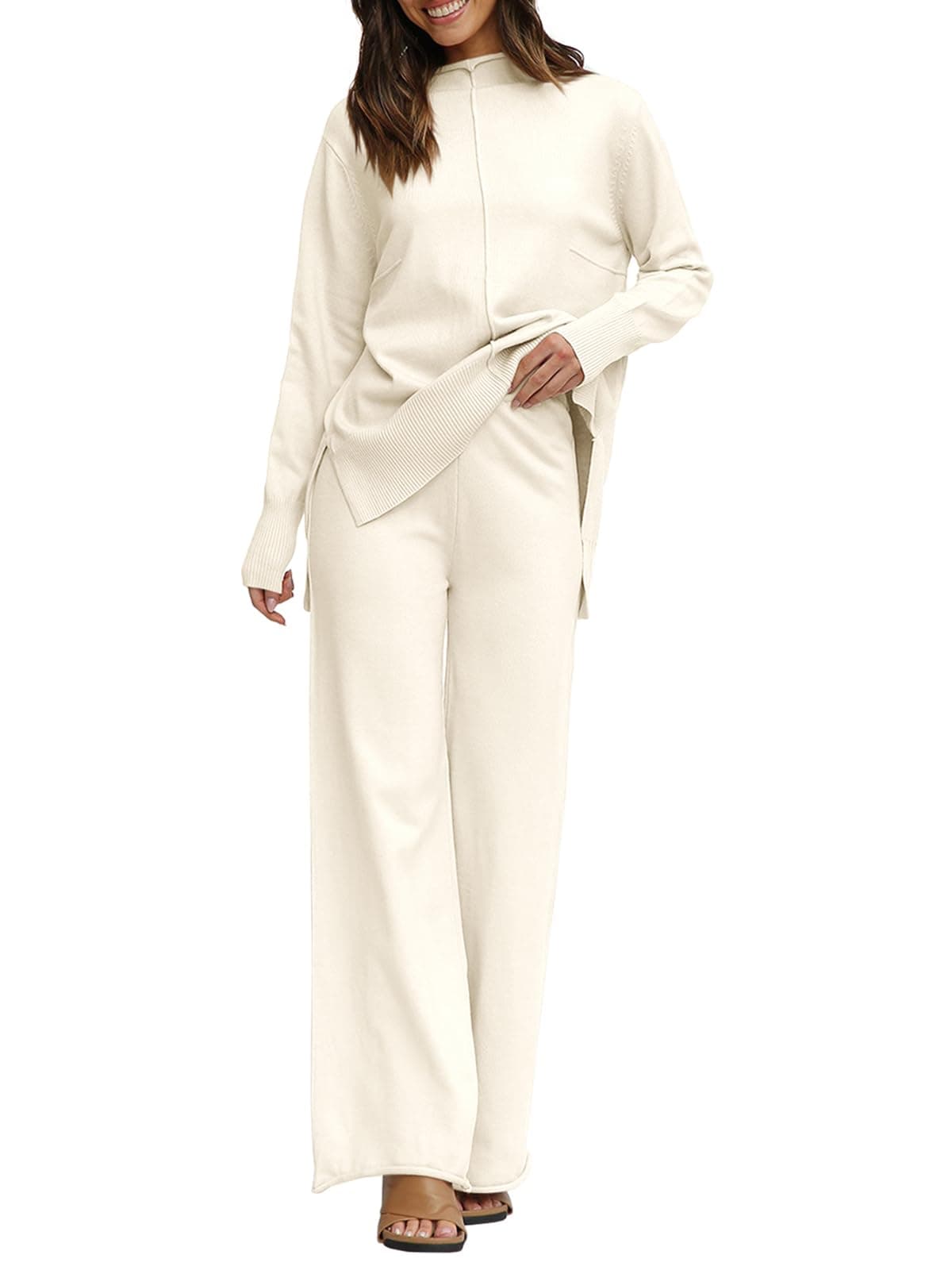 Fazortev Women's Long Sleeve Top & Wide Leg Pants Knit Lounge Set