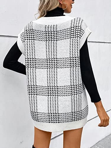 GORGLITTER Women's Oversized Plaid V-Neck Knit Dress Fall Fashion