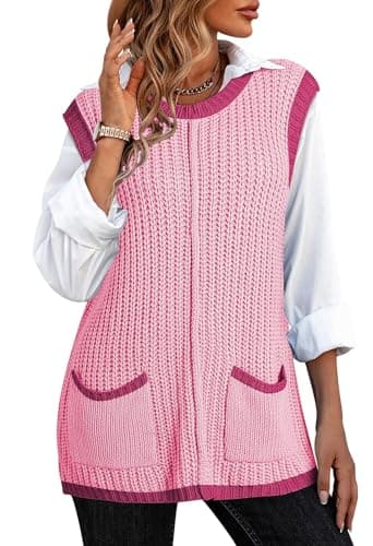 2024 Pink Queen Oversized Crewneck Knit Sweater Vest with Pockets