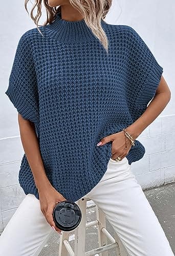 Viottiset Women's Mock Neck Batwing Sleeve Vest Sweater - Dark Blue S