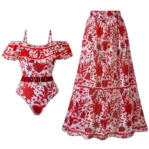 Cethrio Plus Size Vintage Printed Bodystyle Swimwear with Sarong Wrap Skirt