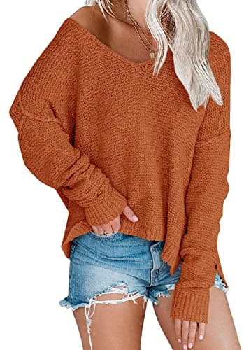 LAICIGO Women's Oversized Off-Shoulder Knit Sweater V-Neck Loose Pullover Tops