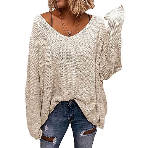 BZB Women's V-Neck Loose Oversized Long Sleeve Knit Sweater Top