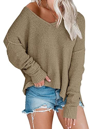 LAICIGO Women's Oversized Off-Shoulder Knit Sweater V-Neck Loose Pullover Tops