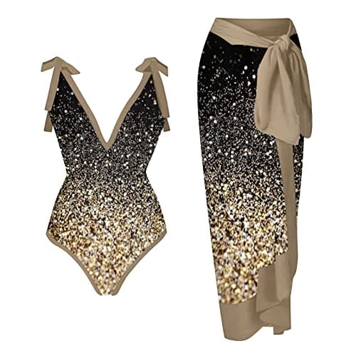 ZDRZK Sexy Sparkly One Piece Swimsuit with Cute Printed Coverup