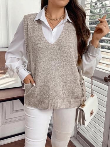 MakeMeChic Women's Plus Size Oversized V-Neck Knit Vest Top