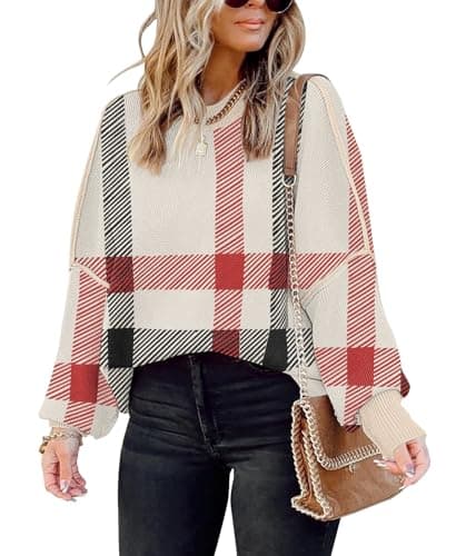 SAUKOLE Women's Oversized Batwing Sleeve Crewneck Knit Sweater
