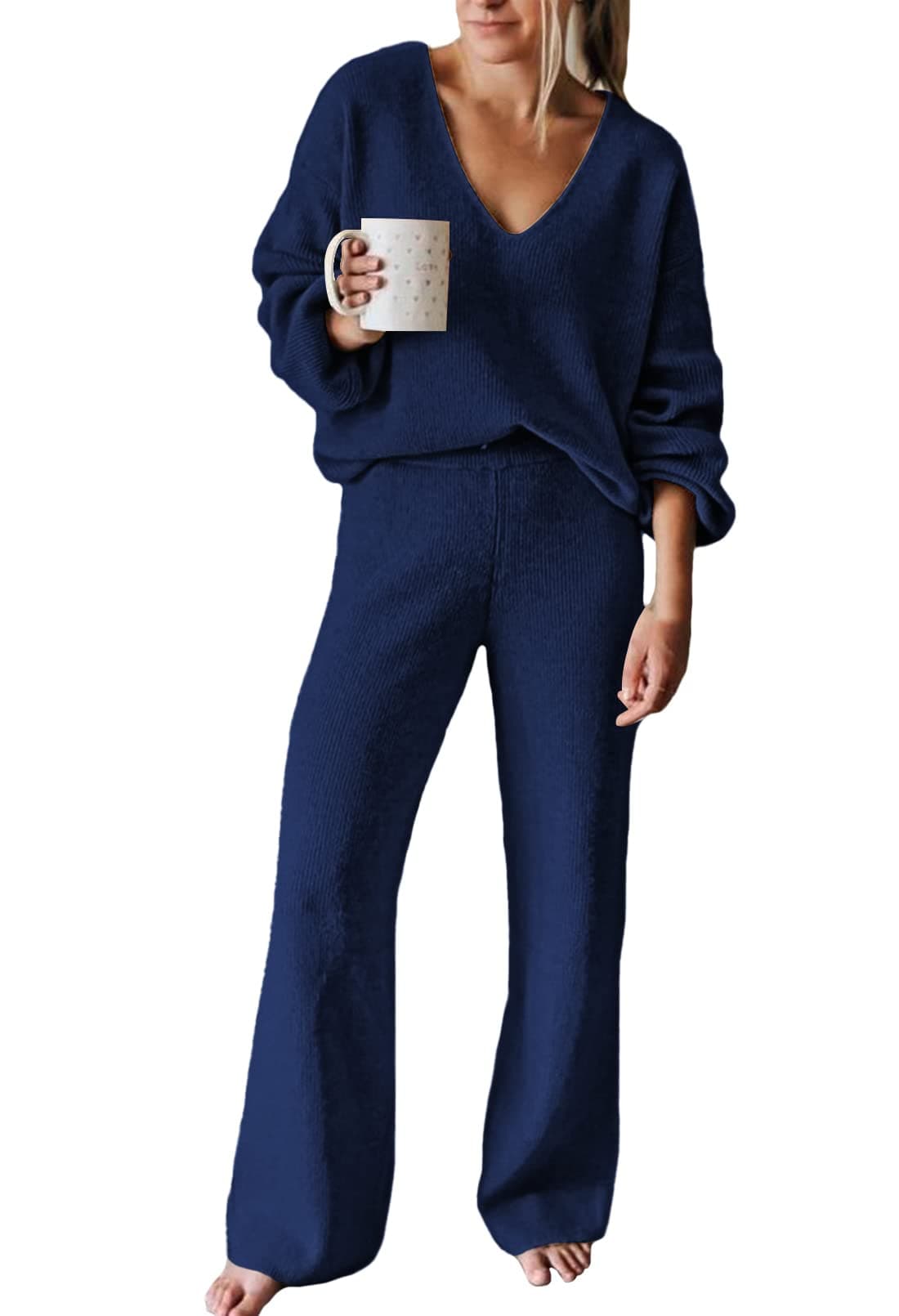 Viottiset Women's Dark Blue V-Neck Sweater & Wide Leg Pants Lounge Set