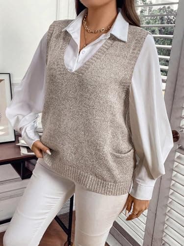 MakeMeChic Women's Plus Size Oversized V-Neck Knit Vest Top