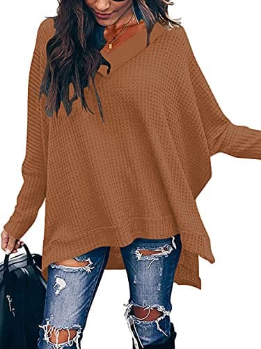 ANRABESS Women's Oversized Waffle Knit Split Sweater Tunic