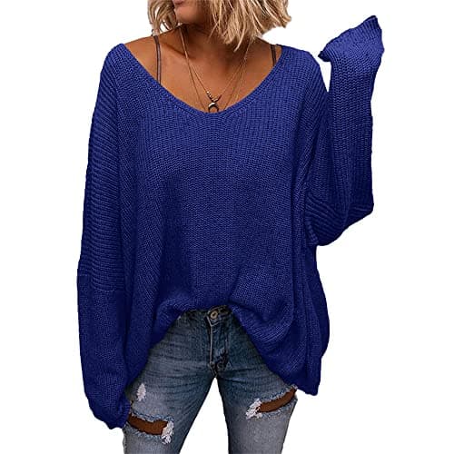 BZB Women's V-Neck Loose Oversized Long Sleeve Knit Sweater Top