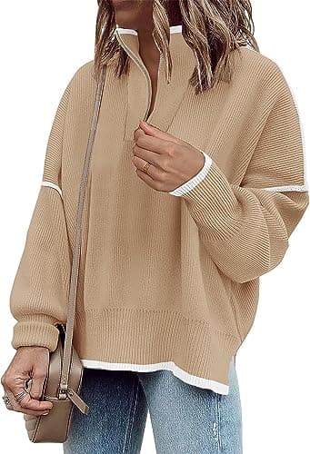 SAUKOLE Women's Oversized Zip-Up Striped Sweatshirt with Batwing Sleeves