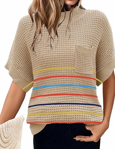 Zeagoo 2024 Women's Oversized Ribbed Knit Sweater Vest - Mock Neck, Batwing Short Sleeve, Fall Pullover (S-XXL)