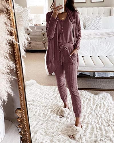 Fessceruna Women's Waffle Knit Lounge Set Tank Top & Long Sleeve Cardigan Pants