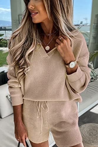 PRETTYGARDEN Women's 2-Piece Knit Pullover Sweater and Shorts Tracksuit Set