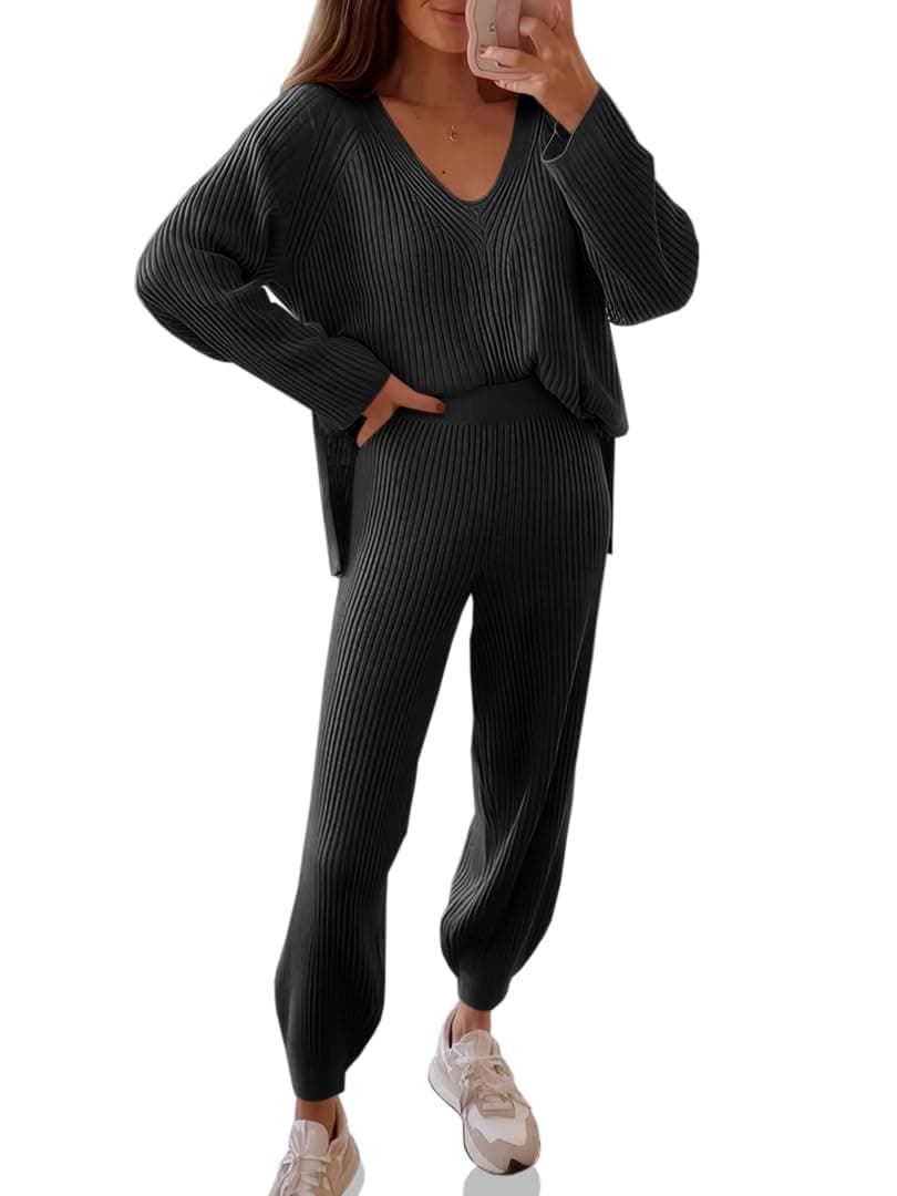 Tankaneo Women's Oversized V-Neck Knit Sets & Wide Leg Pants
