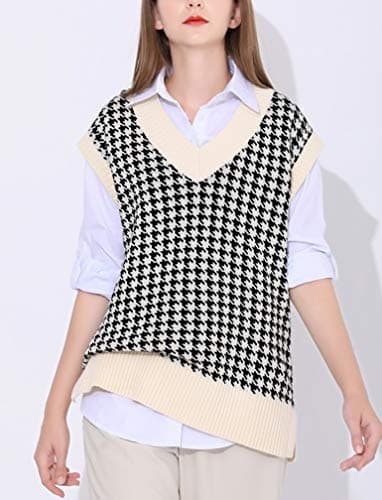 Oversized Houndstooth Knitted Vest Sweater for Vintage V-Neck Loose Sleeveless Sweater