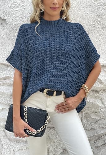 Viottiset Women's Mock Neck Batwing Sleeve Vest Sweater - Dark Blue S