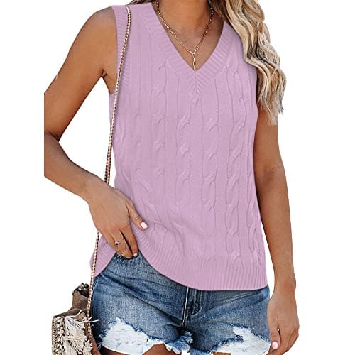 Fisoew Women's Vintage Knitted V-Neck Sleeveless Casual Vest