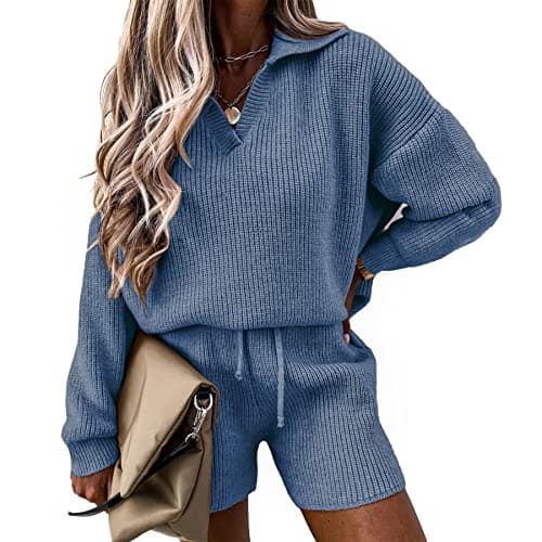 PRETTYGARDEN Women's 2-Piece Knit Pullover Sweater and Shorts Tracksuit Set