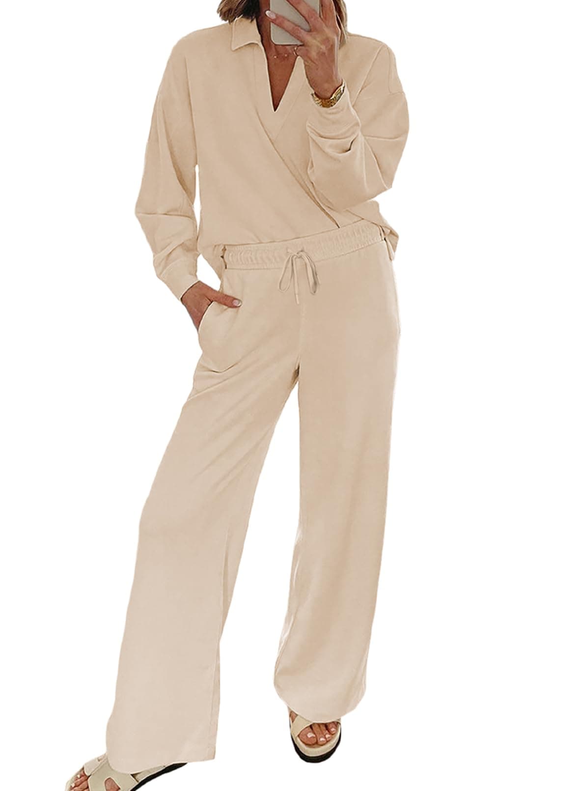 EVALESS Women V-Neck Sweatshirt & Wide Leg Sweatpants Lounge Set