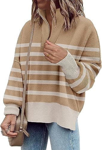 SAUKOLE Women's Oversized Zip-Up Striped Sweatshirt with Batwing Sleeves