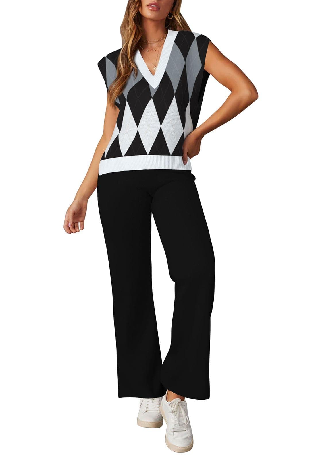 Viottiset Women's 2 Piece Sweater Vest & Wide Leg Pants Set