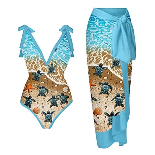 ZDRZK Sexy Sparkly One Piece Swimsuit with Cute Printed Coverup
