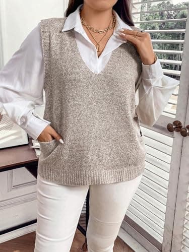 MakeMeChic Women's Plus Size Oversized V-Neck Knit Vest Top