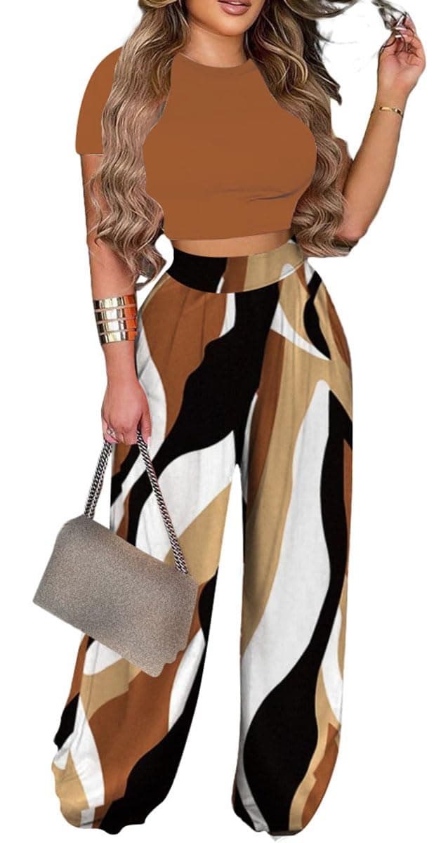 BFFBABY Women's Short Sleeve Crop Top & High Waist Wide Leg Pants Tracksuit Set