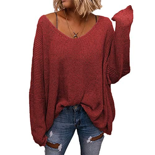 BZB Women's V-Neck Loose Oversized Long Sleeve Knit Sweater Top